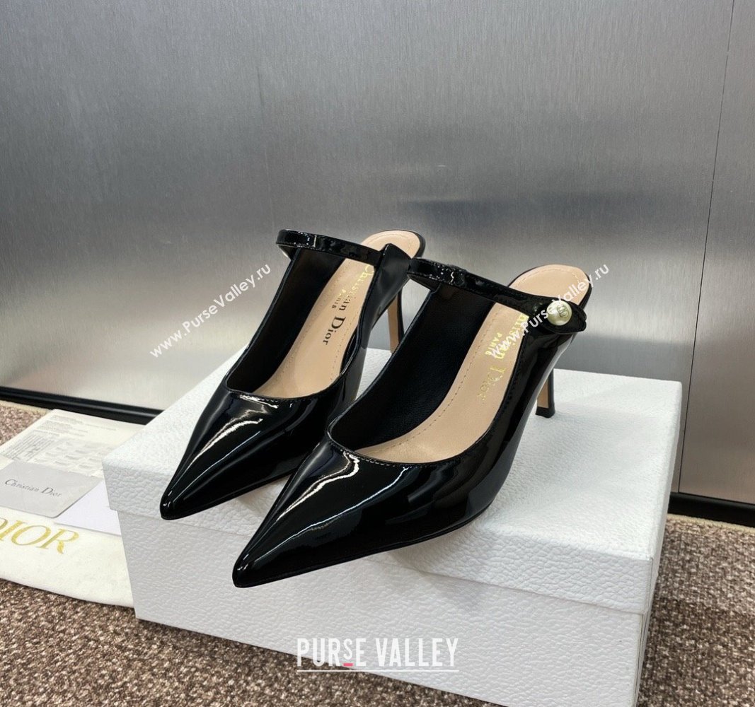 Dior Jolie Heeled Mules 7cm in Black Patent Calfskin with Pearls 2024 (MD-240702058)