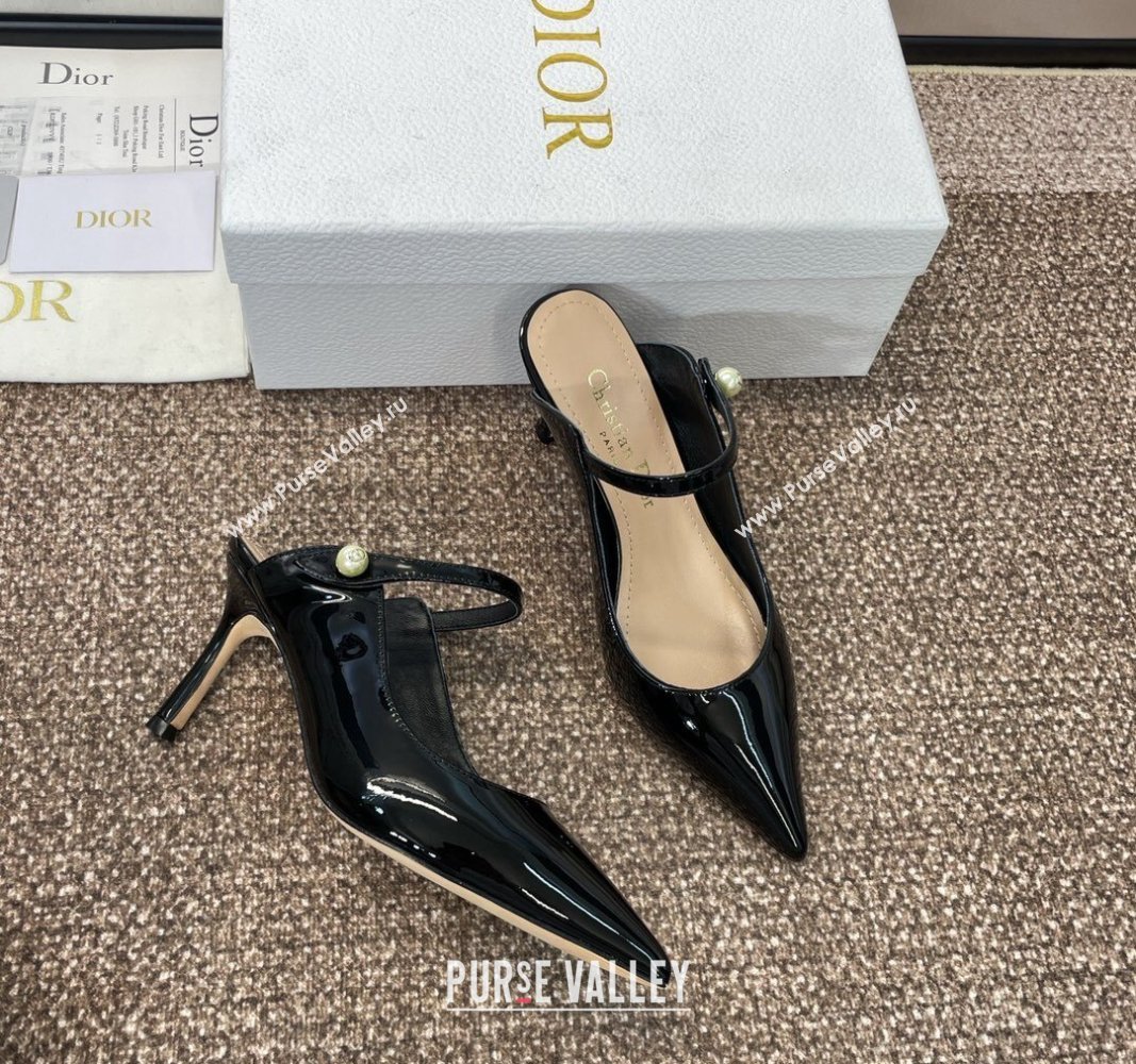 Dior Jolie Heeled Mules 7cm in Black Patent Calfskin with Pearls 2024 (MD-240702058)