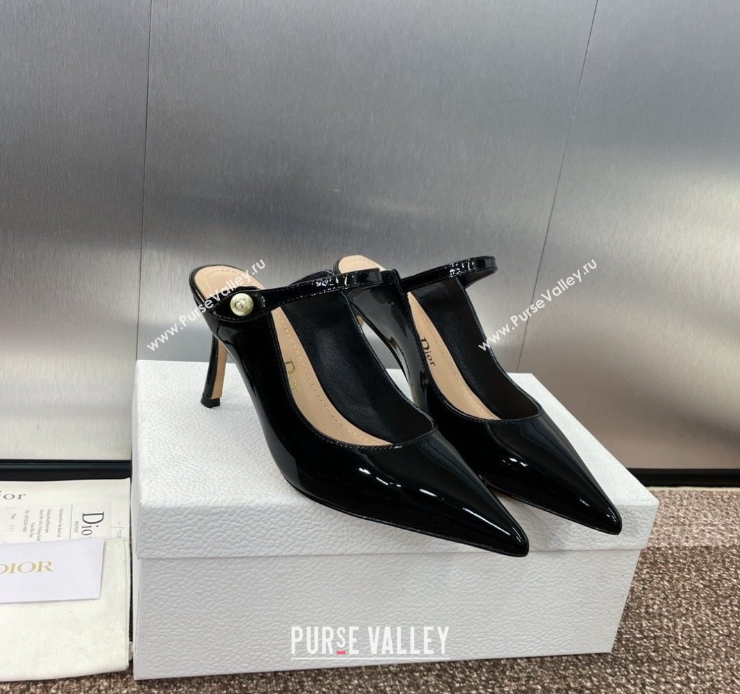 Dior Jolie Heeled Mules 7cm in Black Patent Calfskin with Pearls 2024 (MD-240702058)