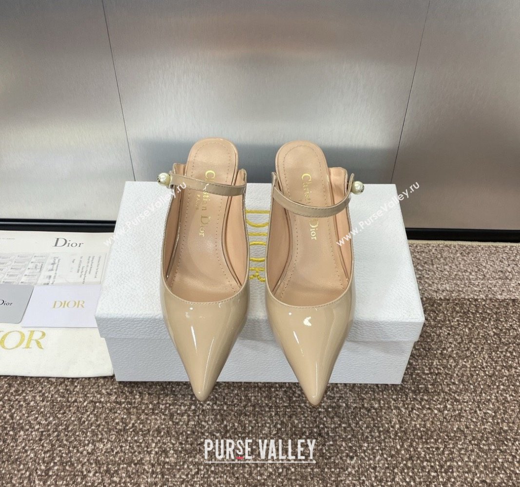 Dior Jolie Heeled Mules 7cm in Beige Patent Calfskin with Pearls 2024 (MD-240702059)