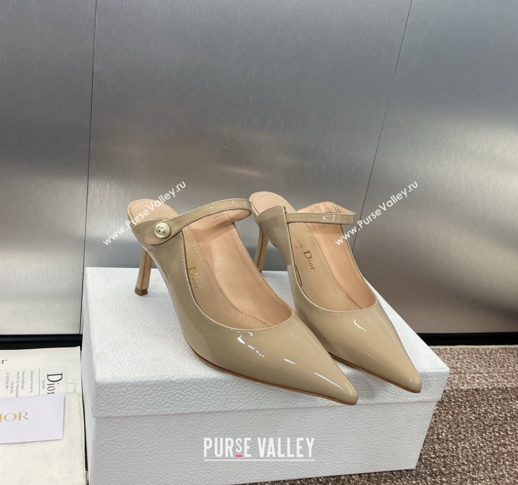 Dior Jolie Heeled Mules 7cm in Beige Patent Calfskin with Pearls 2024 (MD-240702059)