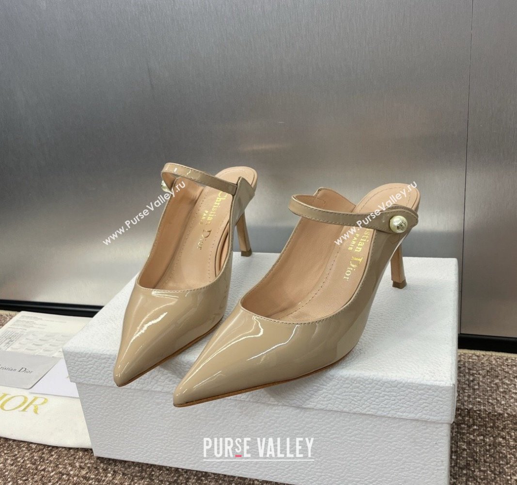 Dior Jolie Heeled Mules 7cm in Beige Patent Calfskin with Pearls 2024 (MD-240702059)