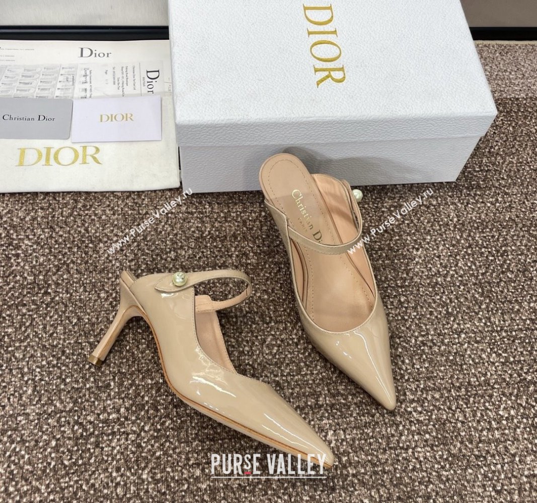 Dior Jolie Heeled Mules 7cm in Beige Patent Calfskin with Pearls 2024 (MD-240702059)