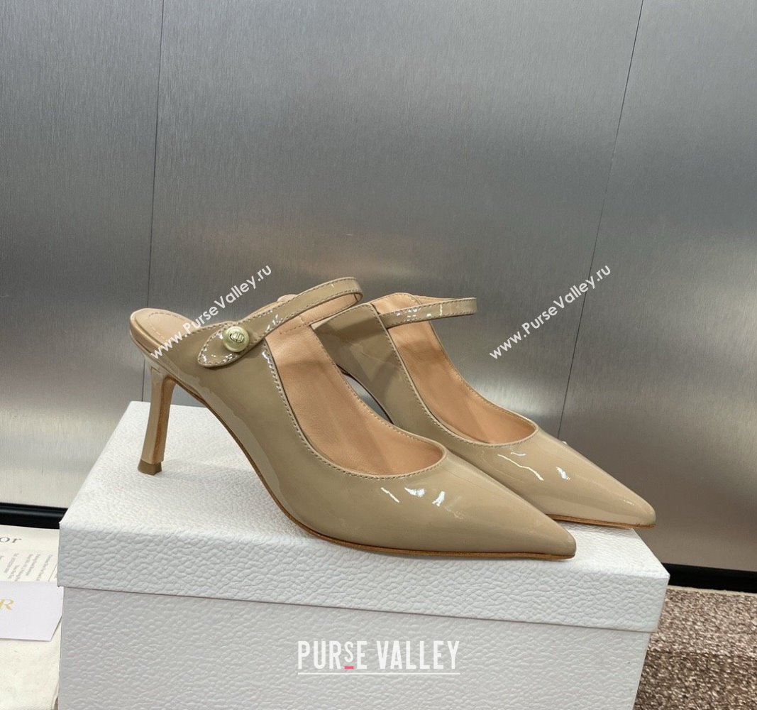 Dior Jolie Heeled Mules 7cm in Beige Patent Calfskin with Pearls 2024 (MD-240702059)