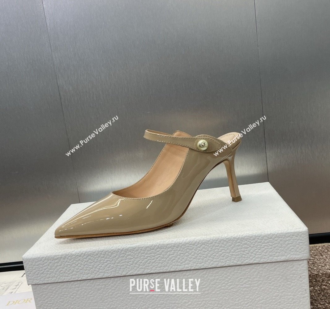 Dior Jolie Heeled Mules 7cm in Beige Patent Calfskin with Pearls 2024 (MD-240702059)