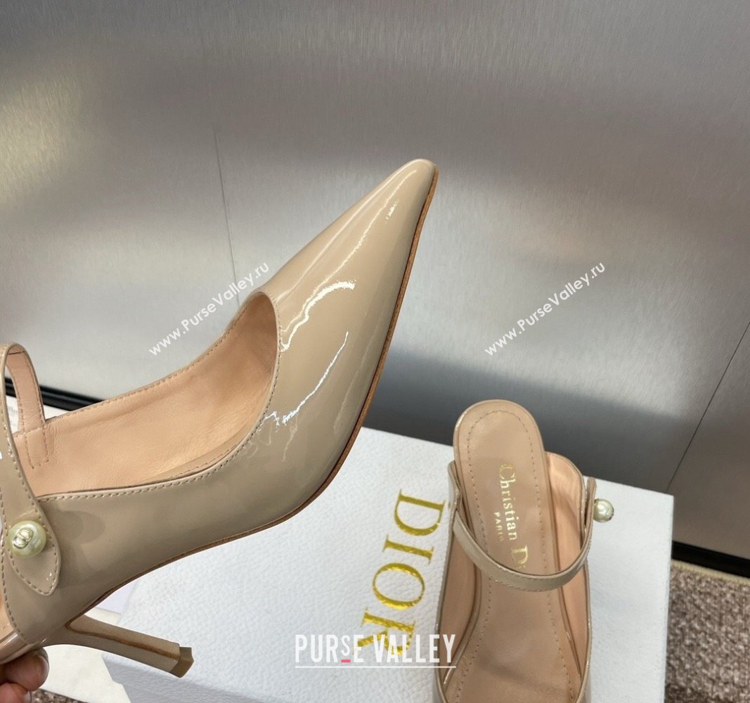 Dior Jolie Heeled Mules 7cm in Beige Patent Calfskin with Pearls 2024 (MD-240702059)