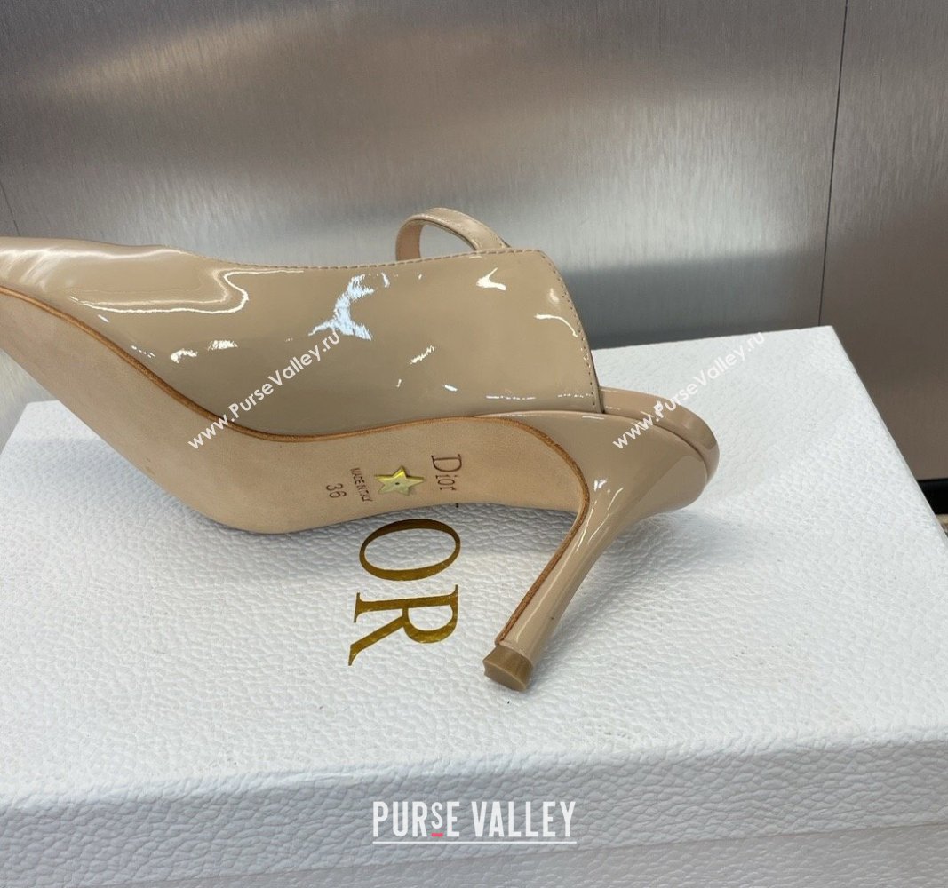 Dior Jolie Heeled Mules 7cm in Beige Patent Calfskin with Pearls 2024 (MD-240702059)