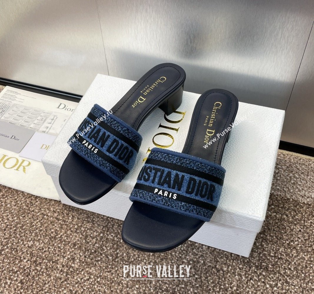 Dior Dway Heel Slides Sandal 4.5cm in Denim Blue Embroidered Cotton Dark Blue 2024 NO.128 (MD-240702031)