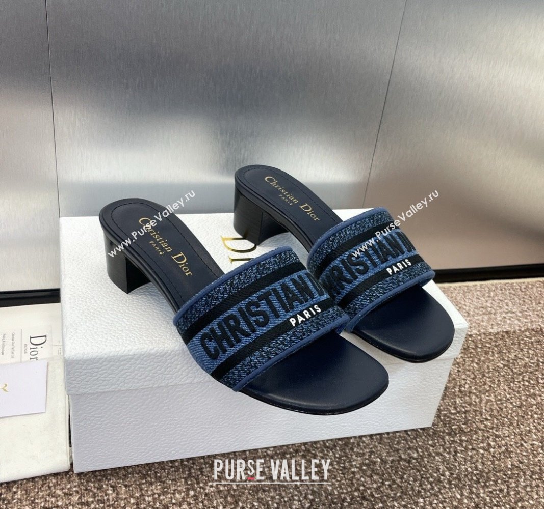 Dior Dway Heel Slides Sandal 4.5cm in Denim Blue Embroidered Cotton Dark Blue 2024 NO.128 (MD-240702031)