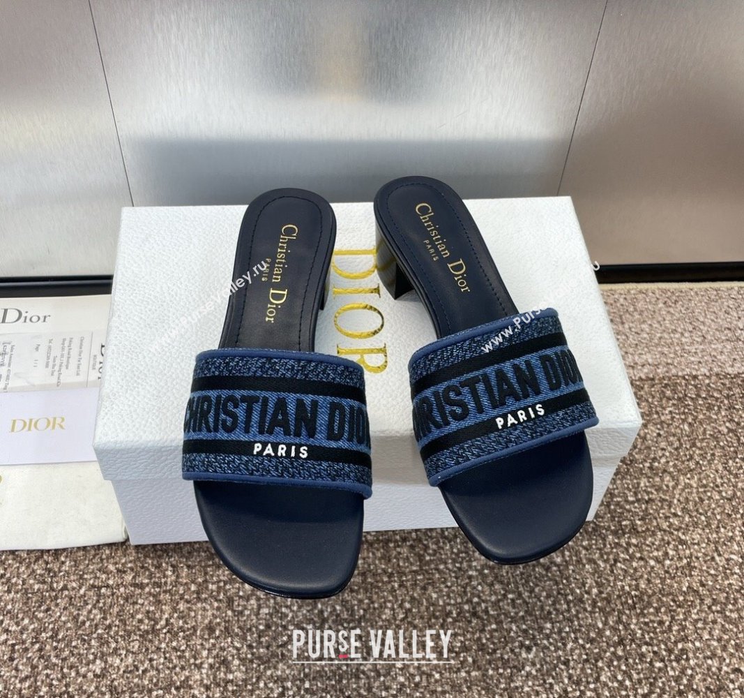 Dior Dway Heel Slides Sandal 4.5cm in Denim Blue Embroidered Cotton Dark Blue 2024 NO.128 (MD-240702031)