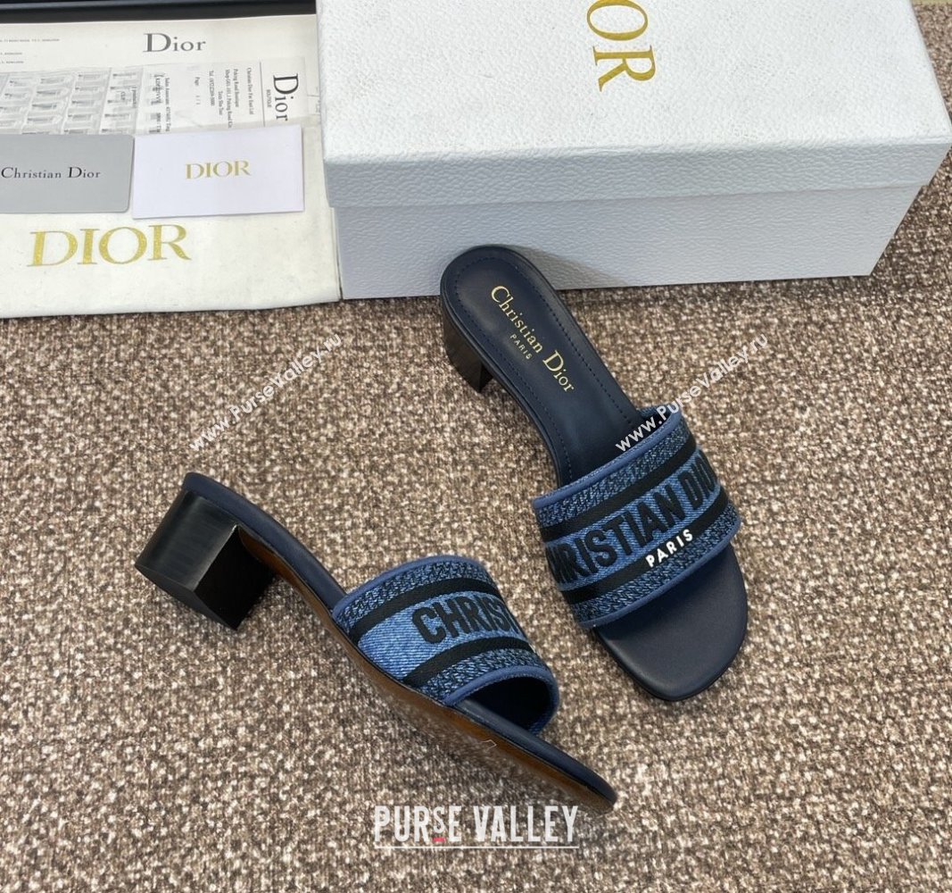 Dior Dway Heel Slides Sandal 4.5cm in Denim Blue Embroidered Cotton Dark Blue 2024 NO.128 (MD-240702031)