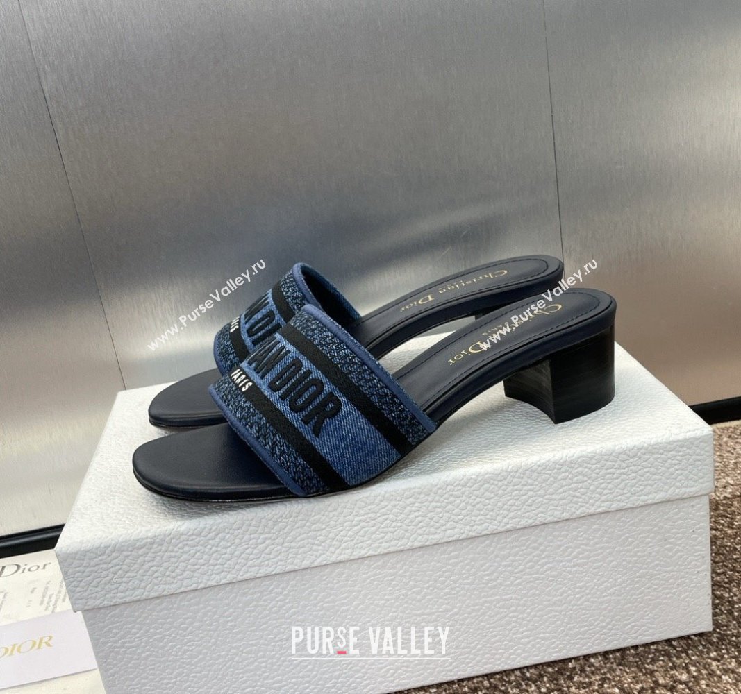 Dior Dway Heel Slides Sandal 4.5cm in Denim Blue Embroidered Cotton Dark Blue 2024 NO.128 (MD-240702031)