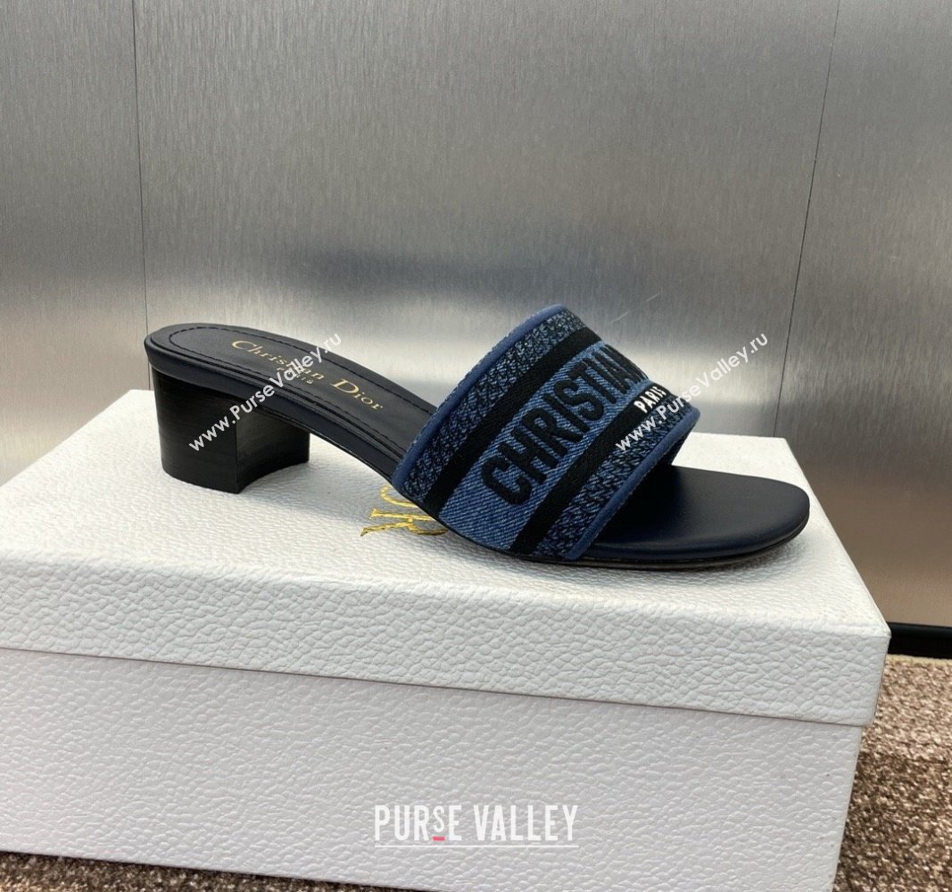 Dior Dway Heel Slides Sandal 4.5cm in Denim Blue Embroidered Cotton Dark Blue 2024 NO.128 (MD-240702031)