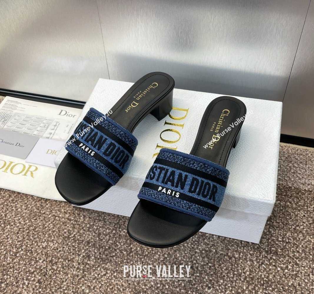 Dior Dway Heel Slides Sandal 4.5cm in Denim Blue Embroidered Cotton Black 2024 NO.128 (MD-240702032)