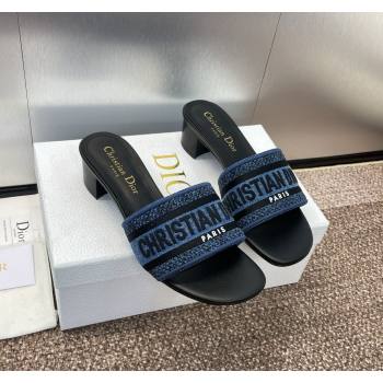 Dior Dway Heel Slides Sandal 4.5cm in Denim Blue Embroidered Cotton Black 2024 NO.128 (MD-240702032)