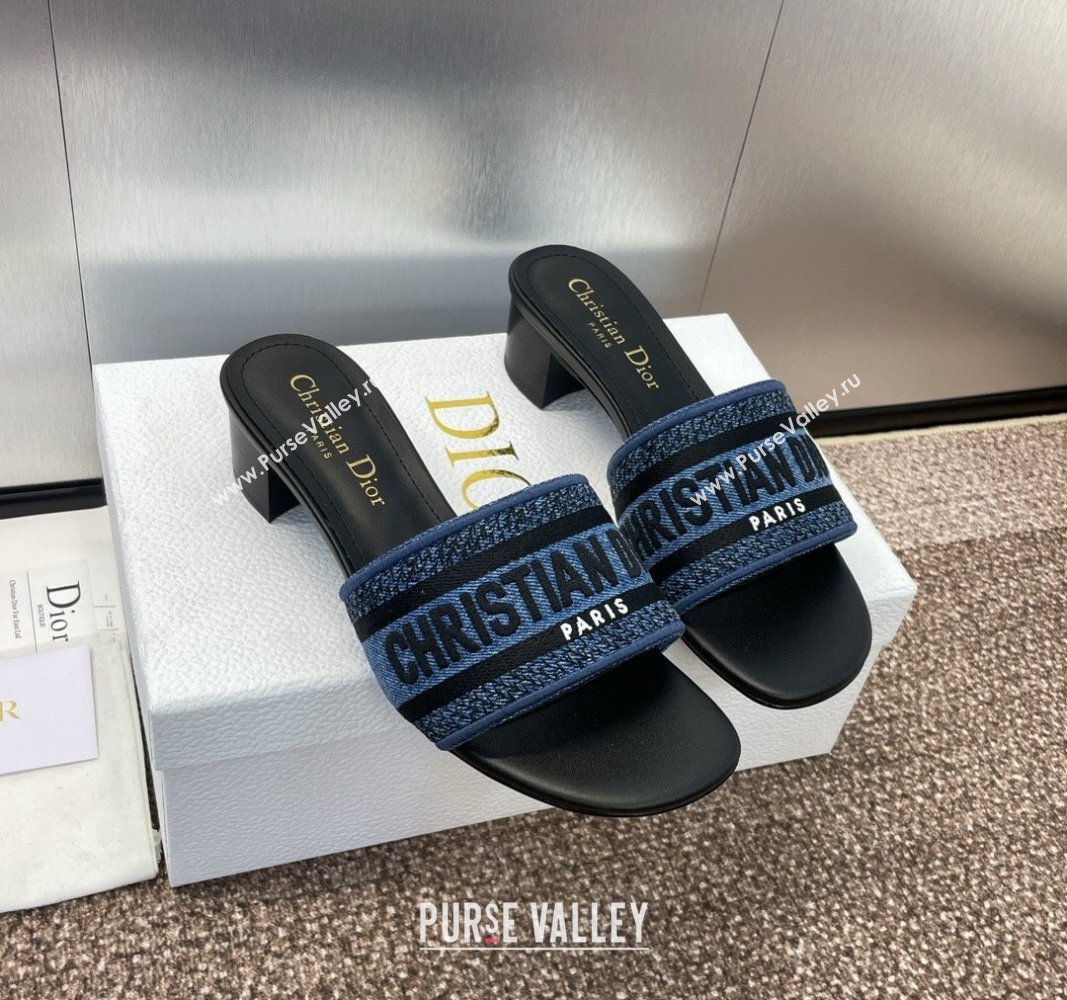 Dior Dway Heel Slides Sandal 4.5cm in Denim Blue Embroidered Cotton Black 2024 NO.128 (MD-240702032)