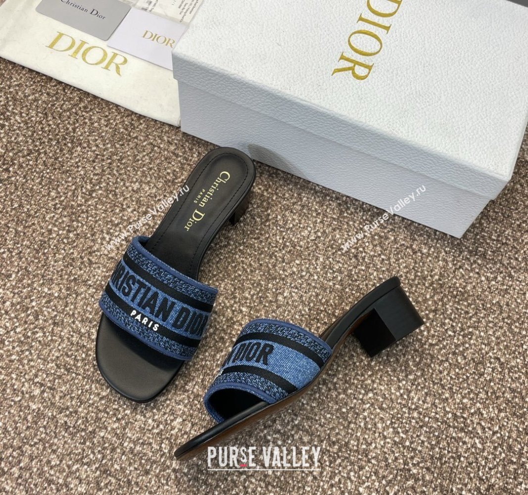 Dior Dway Heel Slides Sandal 4.5cm in Denim Blue Embroidered Cotton Black 2024 NO.128 (MD-240702032)