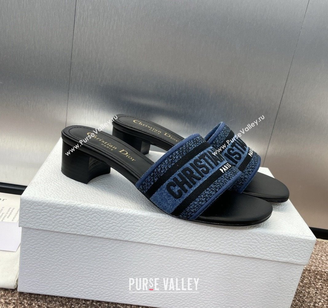 Dior Dway Heel Slides Sandal 4.5cm in Denim Blue Embroidered Cotton Black 2024 NO.128 (MD-240702032)