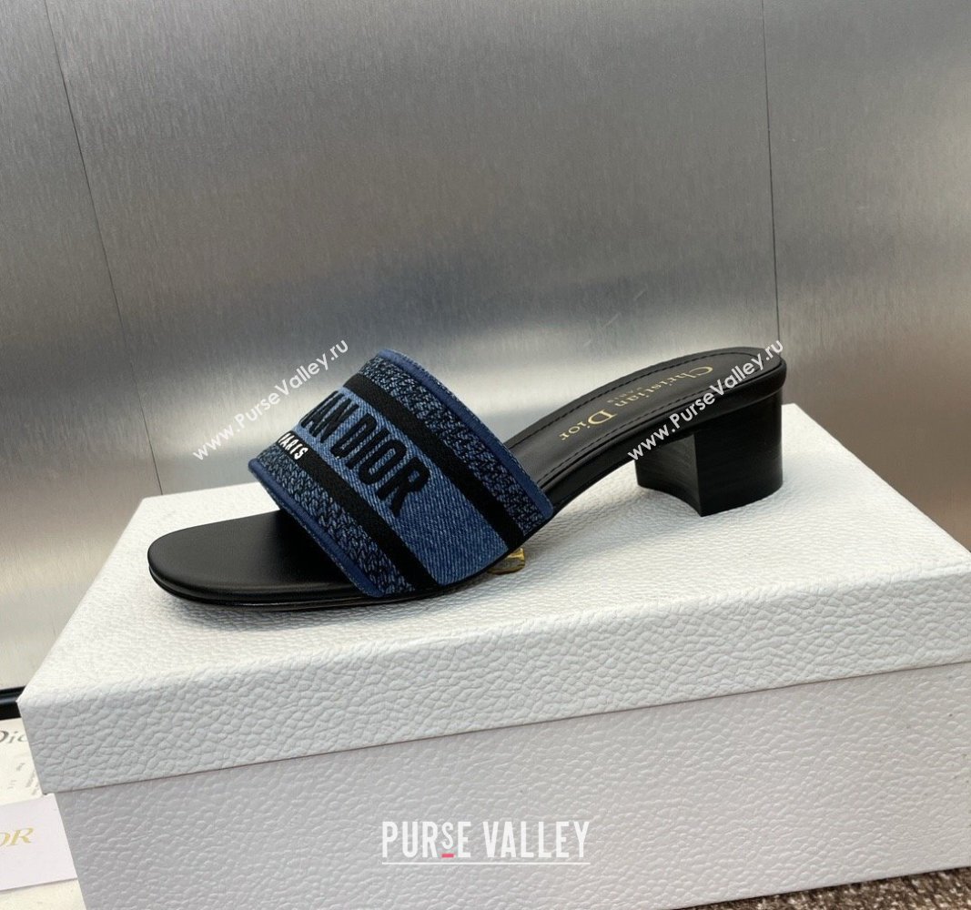 Dior Dway Heel Slides Sandal 4.5cm in Denim Blue Embroidered Cotton Black 2024 NO.128 (MD-240702032)