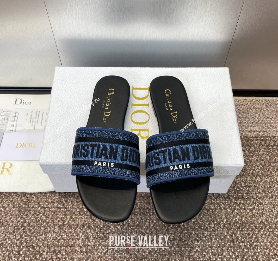 Dior Dway Flat Slides Sandal in Denim Blue Embroidered Cotton Black 2024 NO.128 (MD-240702033)