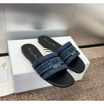 Dior Dway Flat Slides Sandal in Denim Blue Embroidered Cotton Black 2024 NO.128 (MD-240702033)