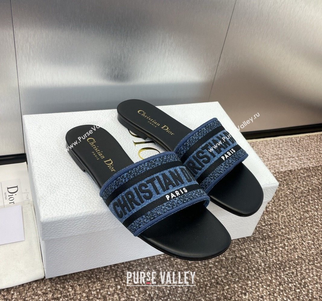 Dior Dway Flat Slides Sandal in Denim Blue Embroidered Cotton Black 2024 NO.128 (MD-240702033)