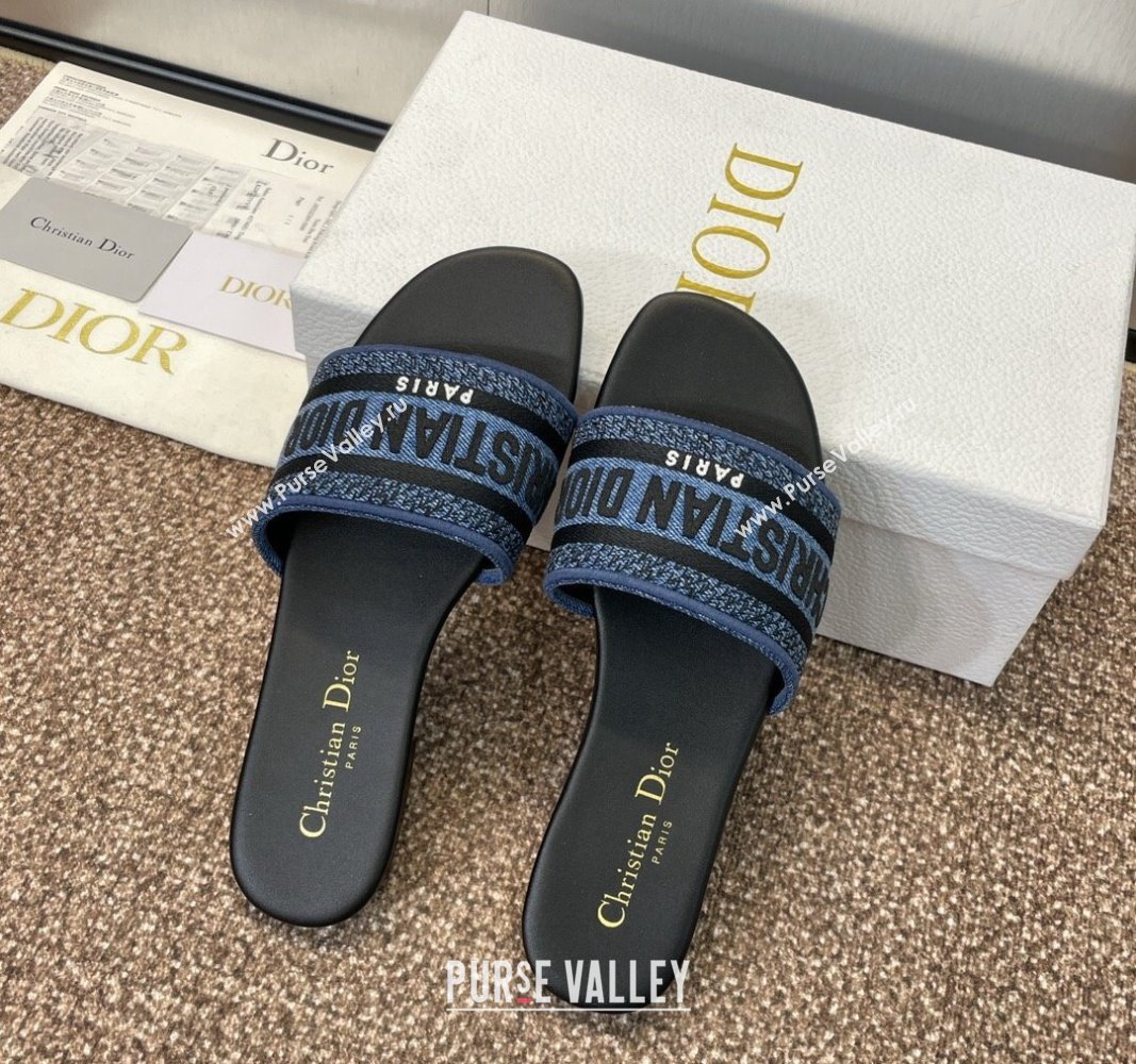 Dior Dway Flat Slides Sandal in Denim Blue Embroidered Cotton Black 2024 NO.128 (MD-240702033)