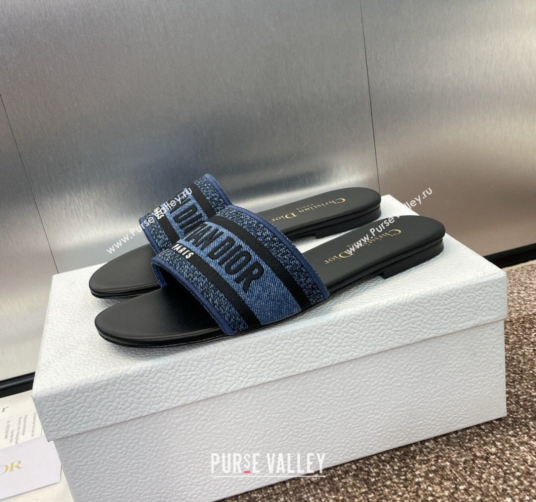 Dior Dway Flat Slides Sandal in Denim Blue Embroidered Cotton Black 2024 NO.128 (MD-240702033)