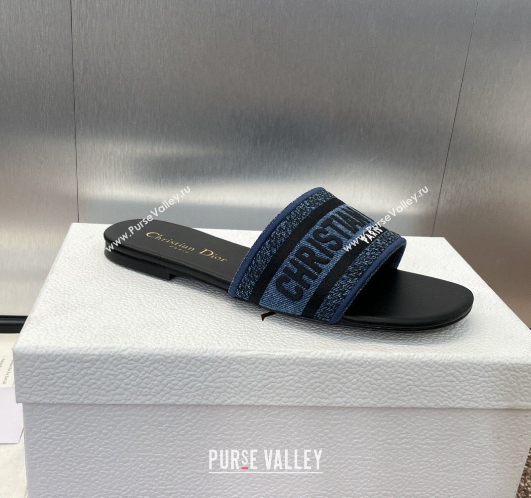 Dior Dway Flat Slides Sandal in Denim Blue Embroidered Cotton Black 2024 NO.128 (MD-240702033)