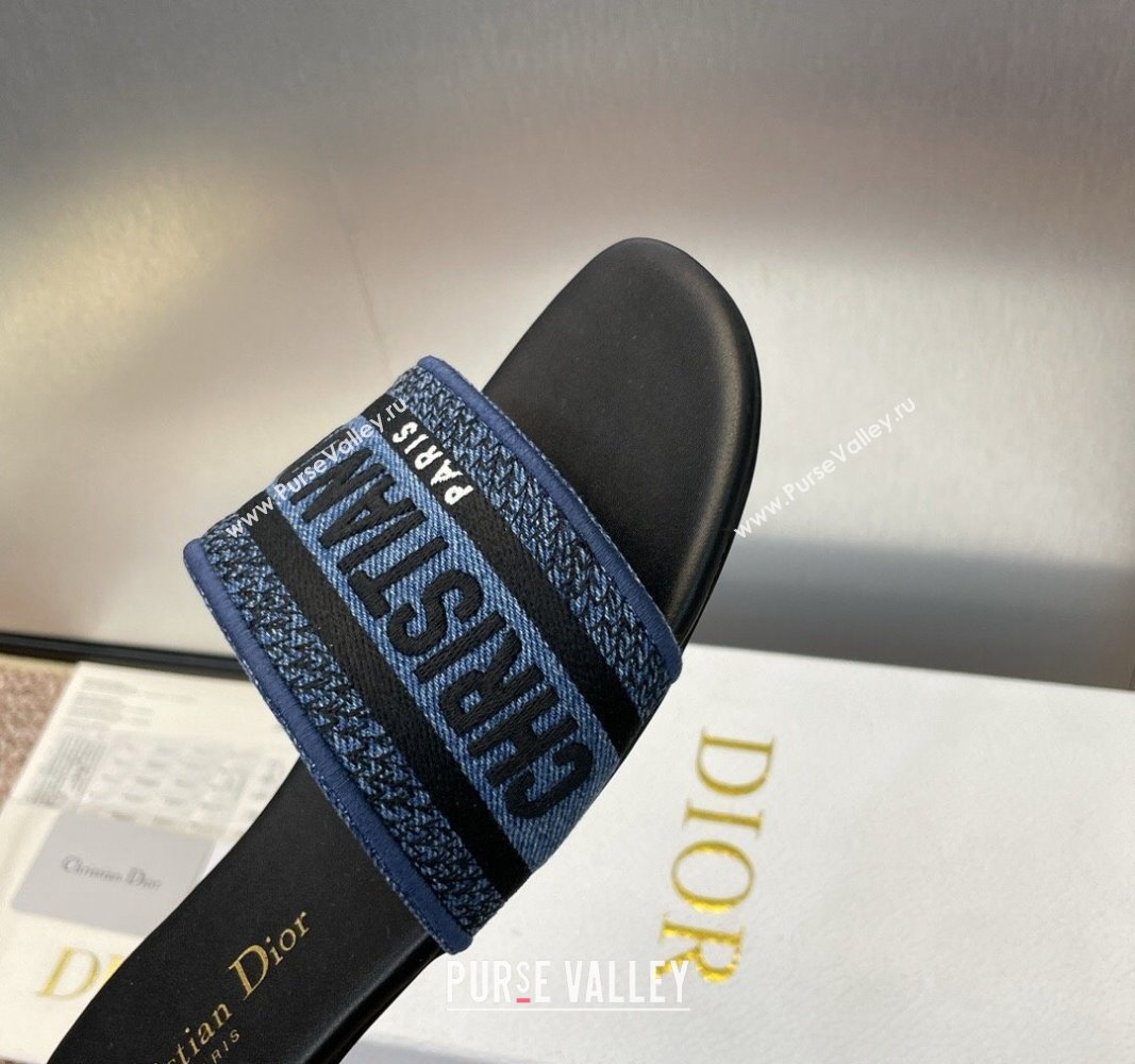 Dior Dway Flat Slides Sandal in Denim Blue Embroidered Cotton Black 2024 NO.128 (MD-240702033)