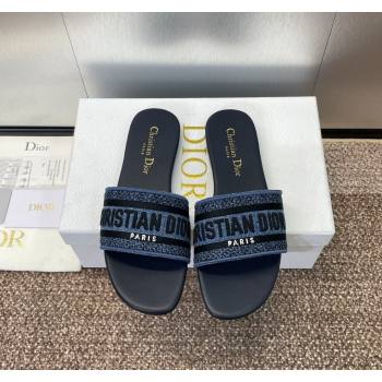 Dior Dway Flat Slides Sandal in Denim Blue Embroidered Cotton Dark Blue 2024 NO.128 (MD-240702034)