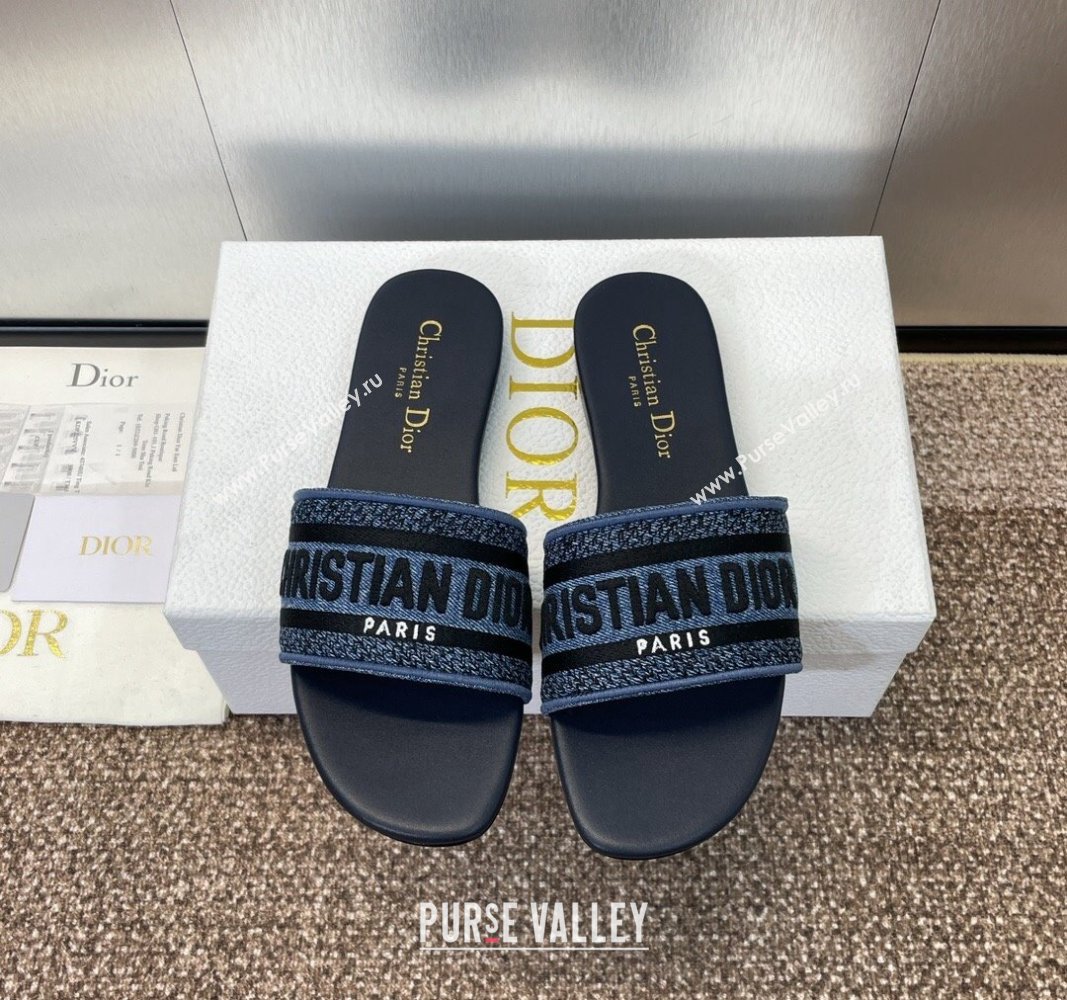 Dior Dway Flat Slides Sandal in Denim Blue Embroidered Cotton Dark Blue 2024 NO.128 (MD-240702034)