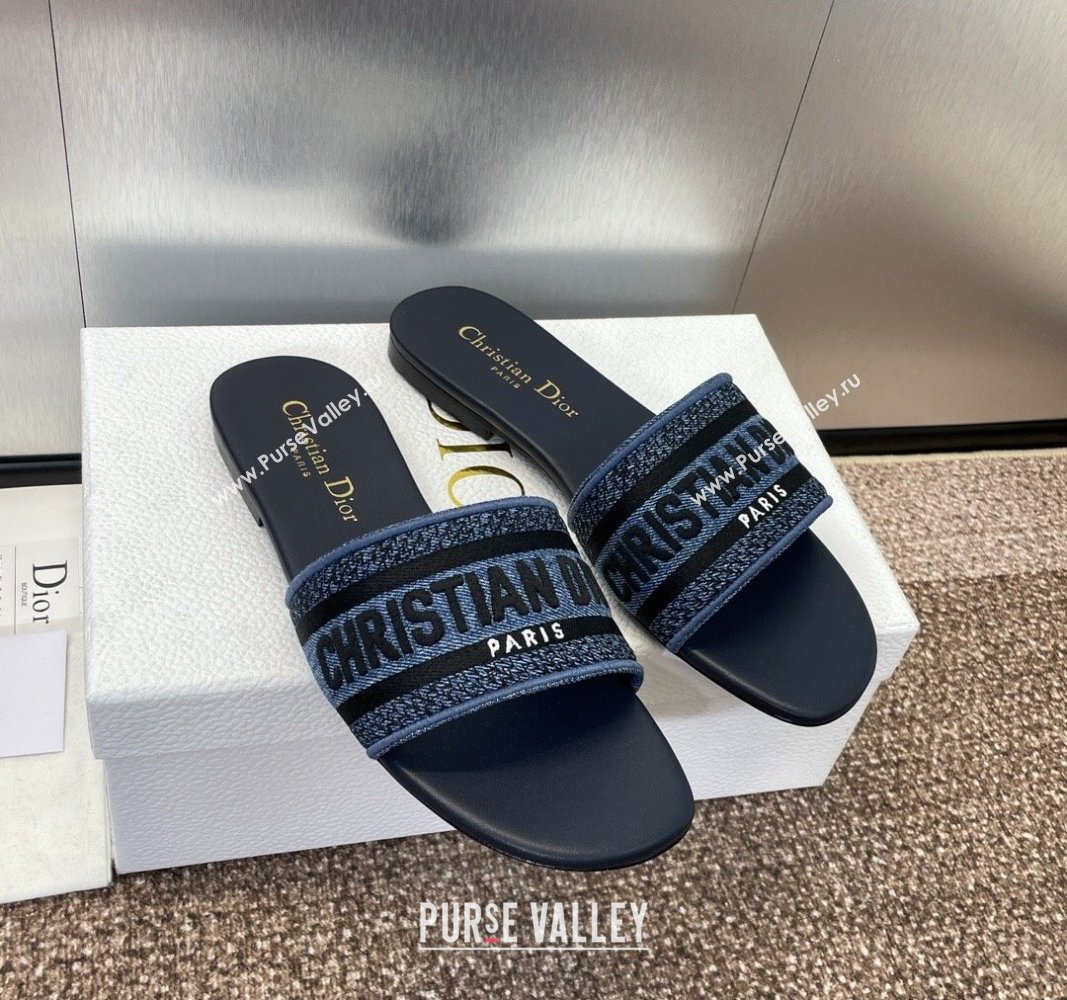 Dior Dway Flat Slides Sandal in Denim Blue Embroidered Cotton Dark Blue 2024 NO.128 (MD-240702034)