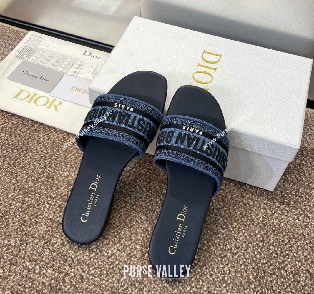 Dior Dway Flat Slides Sandal in Denim Blue Embroidered Cotton Dark Blue 2024 NO.128 (MD-240702034)