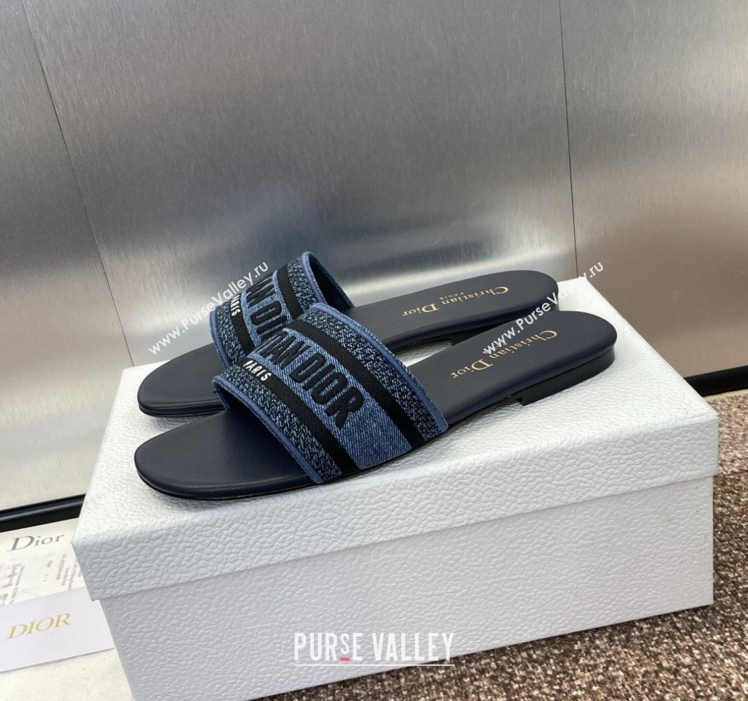 Dior Dway Flat Slides Sandal in Denim Blue Embroidered Cotton Dark Blue 2024 NO.128 (MD-240702034)