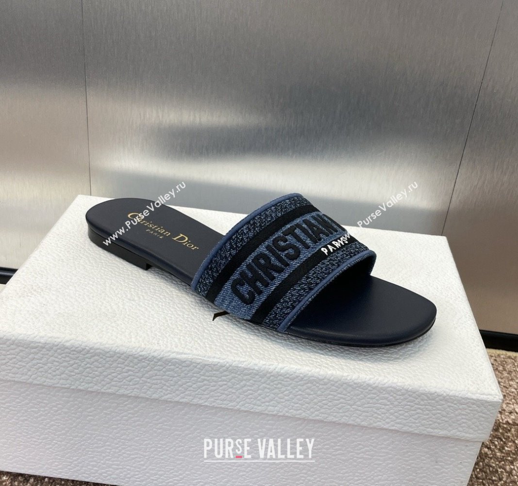 Dior Dway Flat Slides Sandal in Denim Blue Embroidered Cotton Dark Blue 2024 NO.128 (MD-240702034)