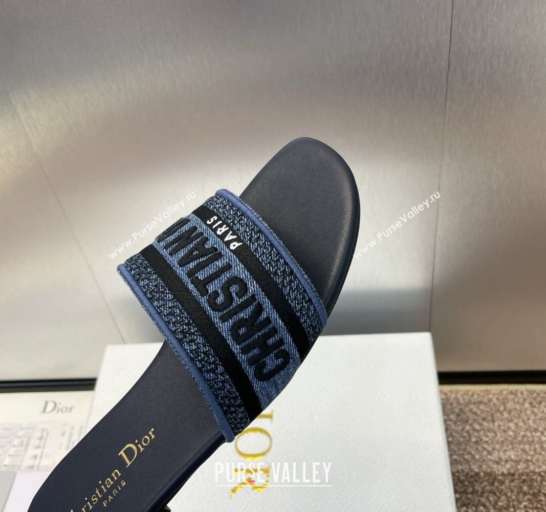 Dior Dway Flat Slides Sandal in Denim Blue Embroidered Cotton Dark Blue 2024 NO.128 (MD-240702034)