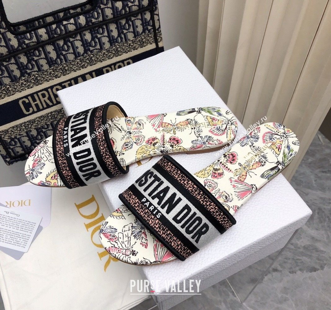 Dior Dway Flat Slides Sandal in White Cotton Embroidered with Multicolor Libellule Camouflage Motif 2024 NO.178 (MD-240702022)