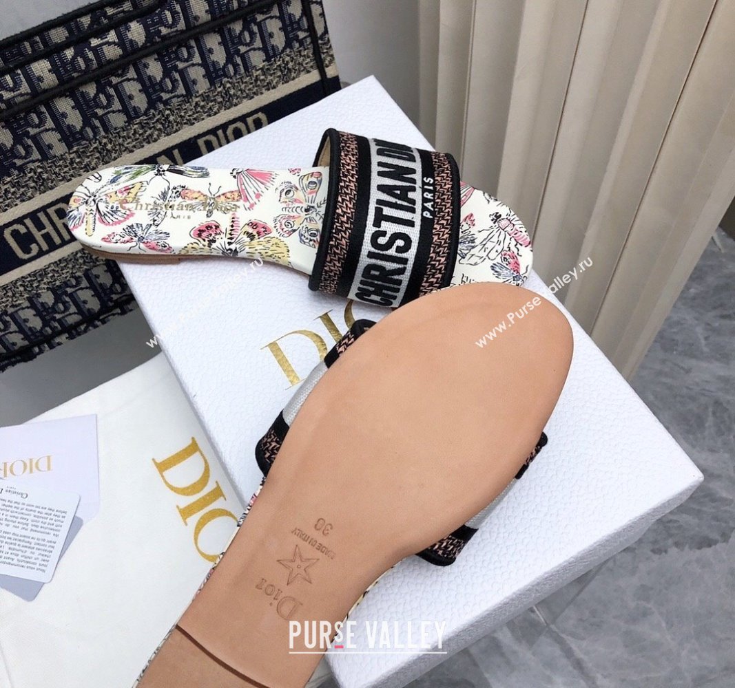 Dior Dway Flat Slides Sandal in White Cotton Embroidered with Multicolor Libellule Camouflage Motif 2024 NO.178 (MD-240702022)