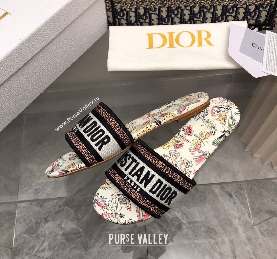 Dior Dway Flat Slides Sandal in White Cotton Embroidered with Multicolor Libellule Camouflage Motif 2024 NO.178 (MD-240702022)