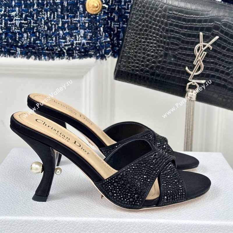 Dior Tribales Heeled Slides Sandal 8cm in Black Suede and Strass 2024 (MD-240702013)