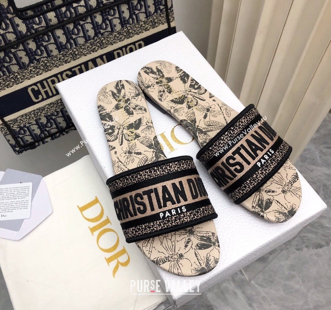 Dior Dway Flat Slides Sandal in Beige Cotton Embroidered with Multicolor Libellule Camouflage Motif 2024 NO.177 (MD-240702023)