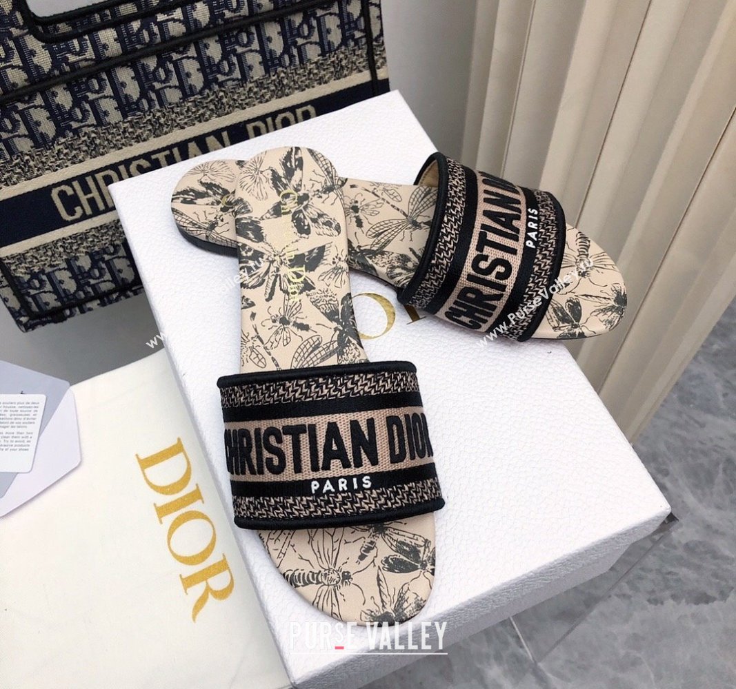 Dior Dway Flat Slides Sandal in Beige Cotton Embroidered with Multicolor Libellule Camouflage Motif 2024 NO.177 (MD-240702023)