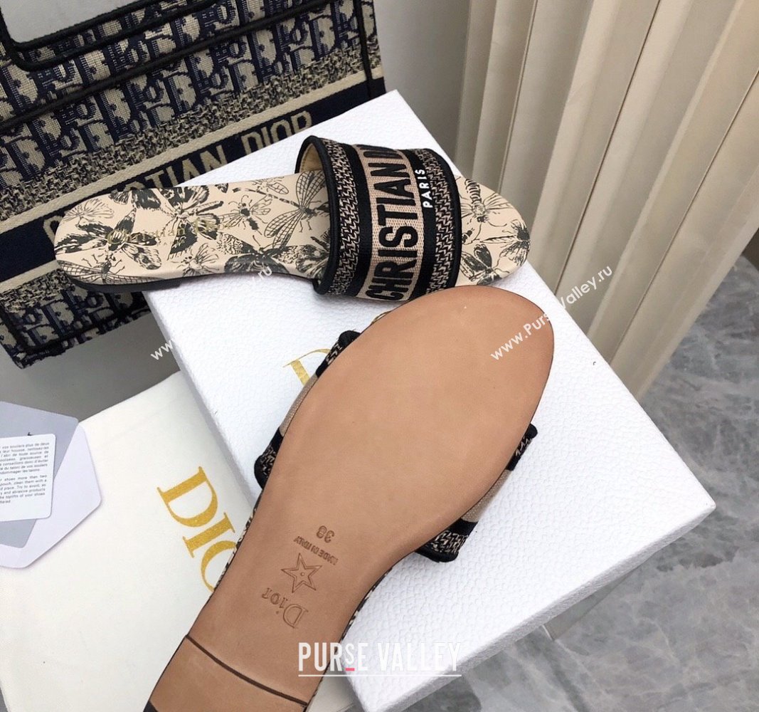 Dior Dway Flat Slides Sandal in Beige Cotton Embroidered with Multicolor Libellule Camouflage Motif 2024 NO.177 (MD-240702023)