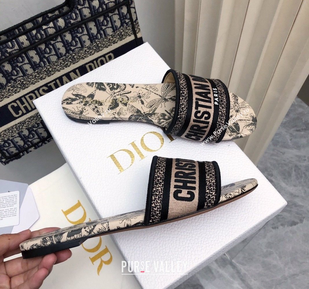 Dior Dway Flat Slides Sandal in Beige Cotton Embroidered with Multicolor Libellule Camouflage Motif 2024 NO.177 (MD-240702023)