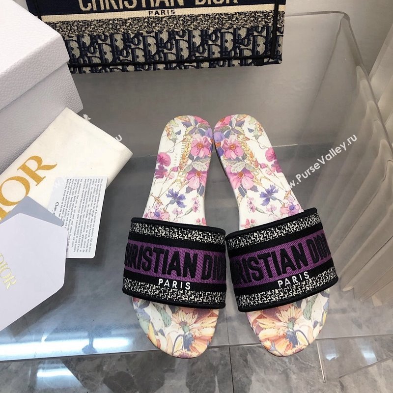 Dior Dway Flat Slides Sandal in Purple Multicolor Cotton and Embroidered Dior 4 Saisons Éte Motif NO.164 (MD-240702026)