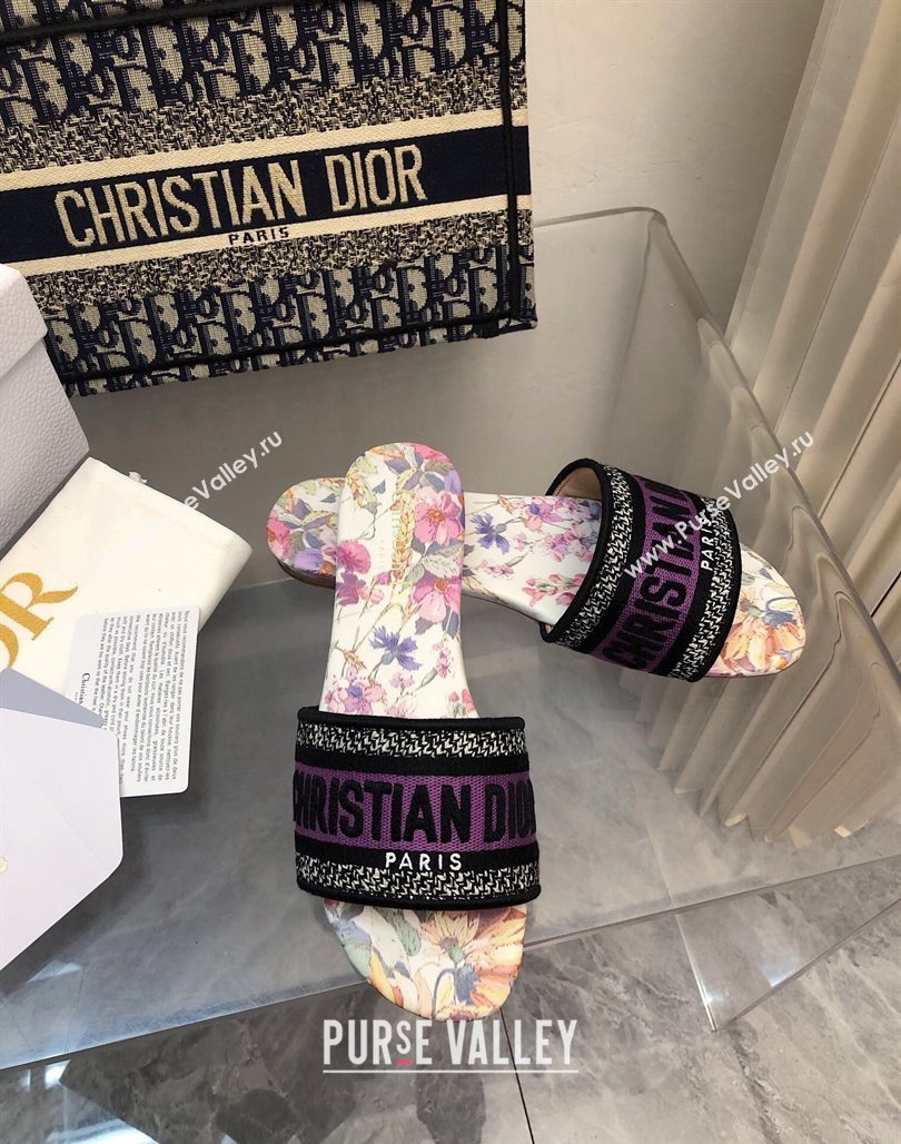 Dior Dway Flat Slides Sandal in Purple Multicolor Cotton and Embroidered Dior 4 Saisons Éte Motif NO.164 (MD-240702026)