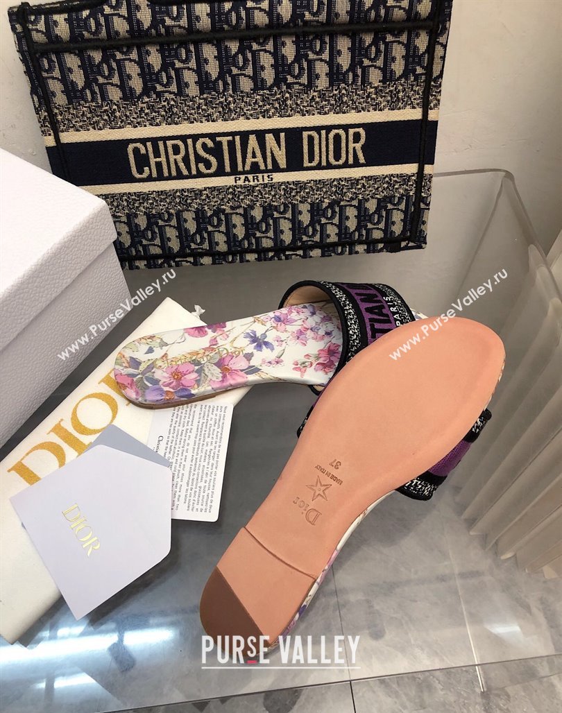 Dior Dway Flat Slides Sandal in Purple Multicolor Cotton and Embroidered Dior 4 Saisons Éte Motif NO.164 (MD-240702026)