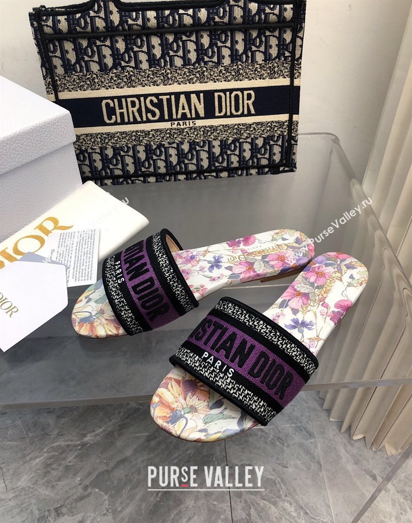 Dior Dway Flat Slides Sandal in Purple Multicolor Cotton and Embroidered Dior 4 Saisons Éte Motif NO.164 (MD-240702026)