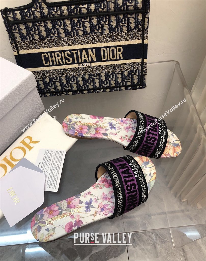 Dior Dway Flat Slides Sandal in Purple Multicolor Cotton and Embroidered Dior 4 Saisons Éte Motif NO.164 (MD-240702026)